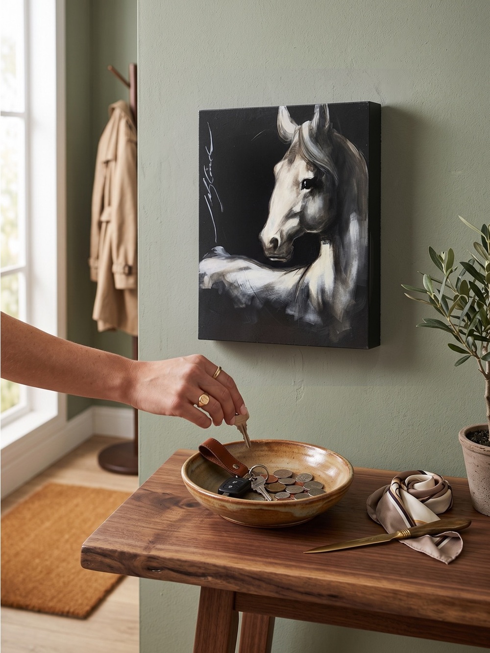 White Horse Hand Painted Wood Plaque - Classic Equine Wall Decor